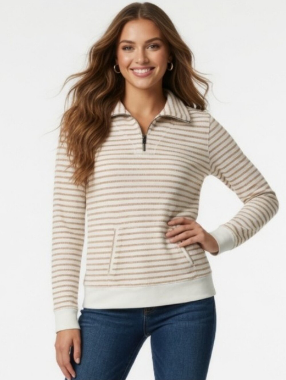 Women's Bean Signature Striped Quarter-Zip Sweater in Cream & Tan ( Size:Large)